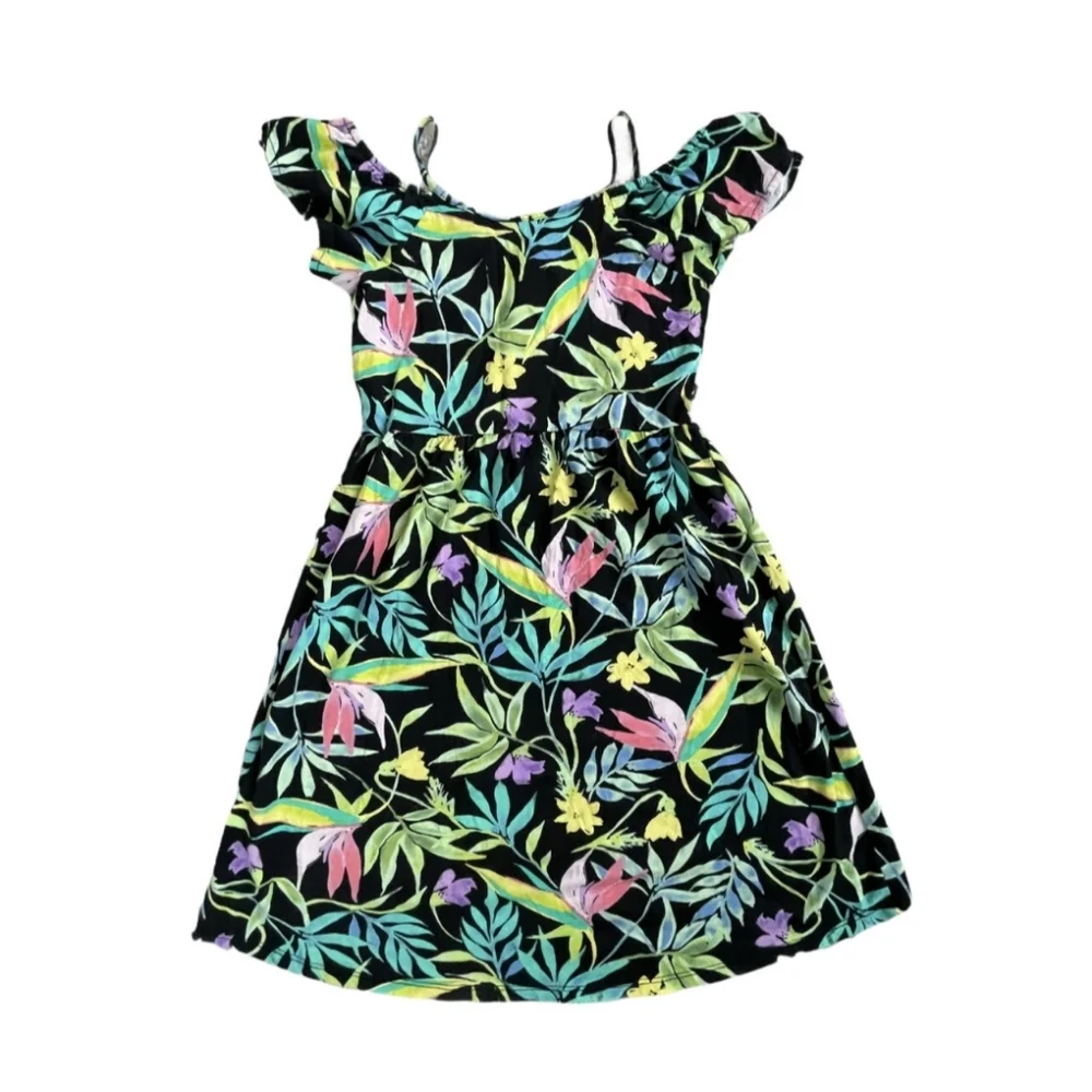 Children's Place Dress Girl (10/12) Black Floral Cold Shoulder Hi Low Vacation‎ - Picture 2 of 5